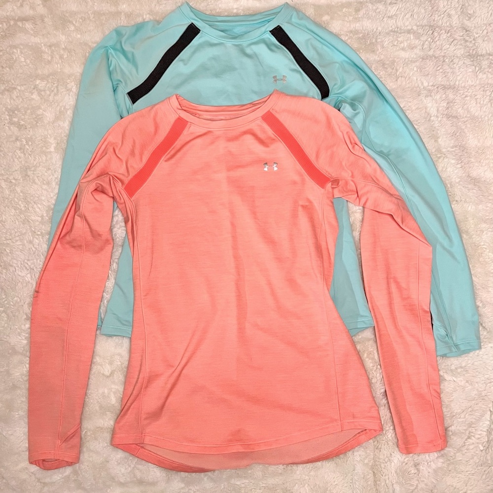Womens Under Armour LS Cold Gear Shirts Bundle (set of 2) Blue & Coral Small